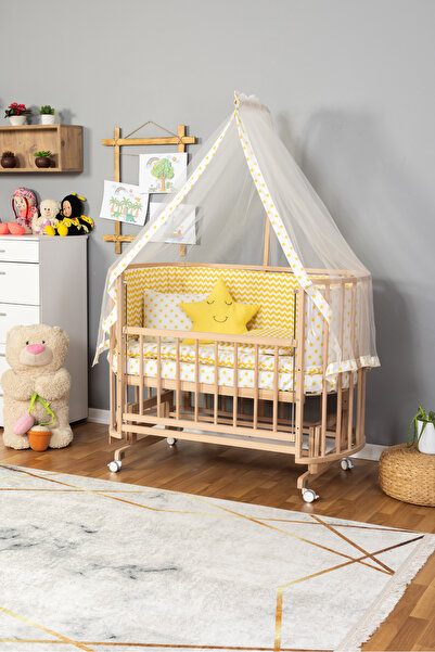 Bamgidoo Ahşap Beşik Anne Yanı Beşik Organik (BOYASIZ) 60x120 - Sarı Yıldız U...