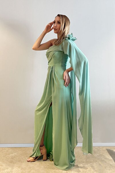 INVIDIA Tek Omzu Açık Yırtmaçlı Şifon Elbise