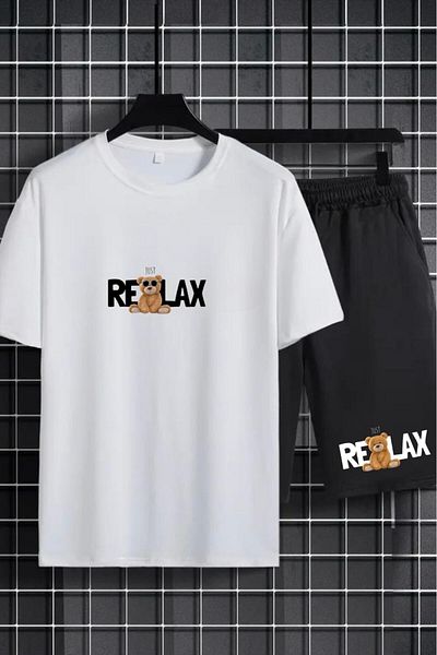 NO 601 Unisex White Oversize Relax Printed Tshirt Black Shorts Set