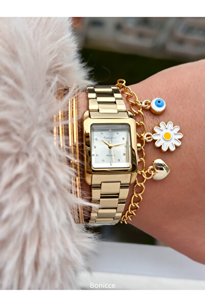 Ferrucci 20*20 MMKasa, Sarı Renk Çelik Kordon,Taşlı Sarı Kare Kadran Kadın Kol Saati+Bileklik Hediyeli