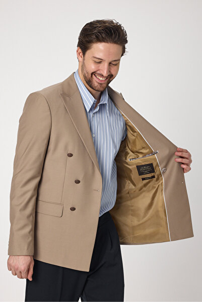 Frappoli Fatuse Men's Beige Double Breasted 6 Pieces Metal Button 4 Season Blazer Jacket