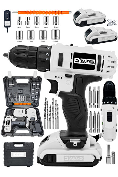 DAFLONG E-tech Çelik Şanzıman Bakır Sargılı Çift Akülü Şarjlı Matkap-beyaz