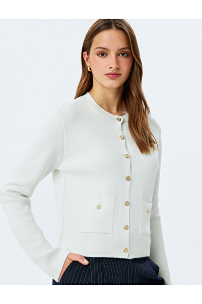 Koton Langärmlige Strickjacke mit Rundhalsausschnitt und Knöpfen