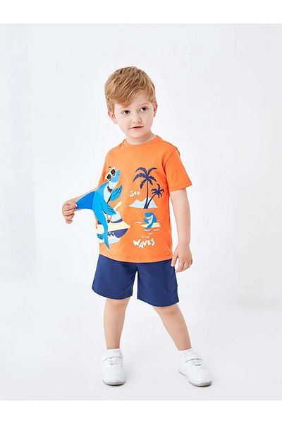 LC Waikiki Lcw Kids Orange Crew Neck Printed Baby Boy T-Shirt and Shorts 2-Piece Set