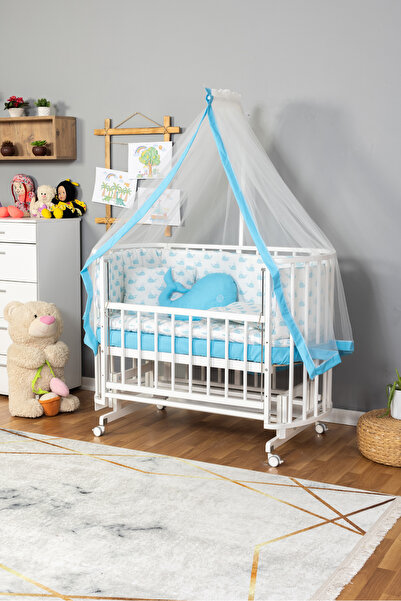Bamgidoo Ahşap Beşik Anne Yanı Beşik Beyaz 60x120 Mavi Balina Uyku Seti Yatak...