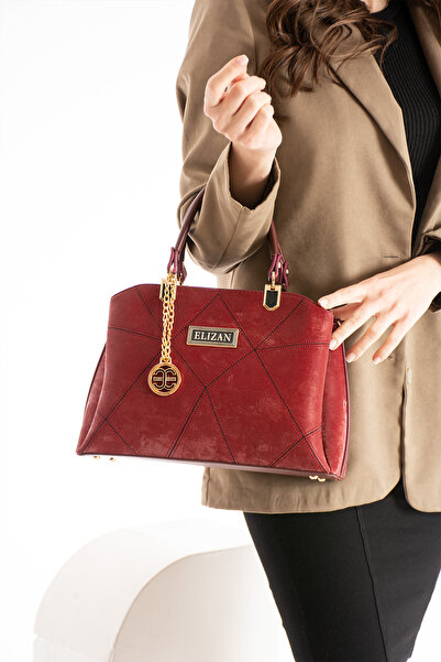 Elizan Nakışlı 3 Bölmeli Bordo Nubuk Deri Kadın Çantası