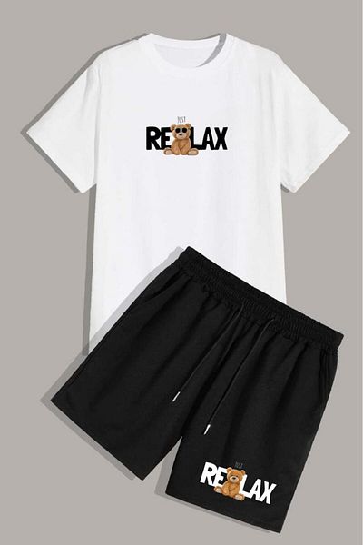 NO 601 Unisex White Oversize Relax Printed Tshirt Black Shorts Set