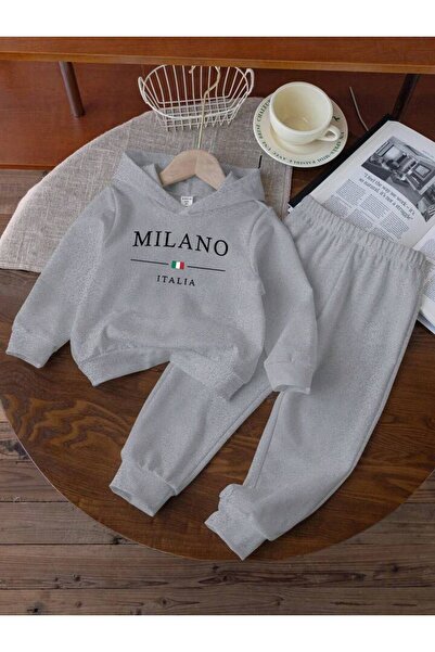 vinraus Kız\Erkek Çocuk Gri Milano İtaly Baskılı Kapşonlu Eşofman Takımı
