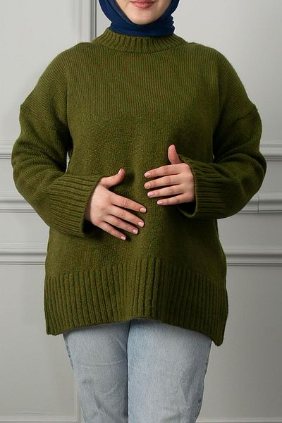 Yağızlar Giyim Γυναικείο Πλεκτό Πουλόβερ Χακί Crew Neck