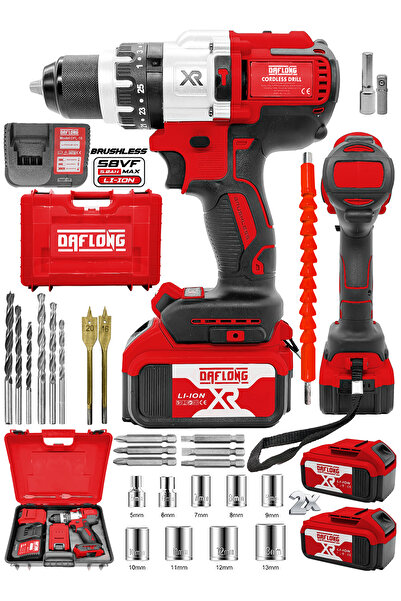 DAFLONG Brushless21v 3 Ah Çelik Şanzıman 10 Pilli Çift Akülü Darbeli Şarjlı Matkap Vidalama-kırmızı
