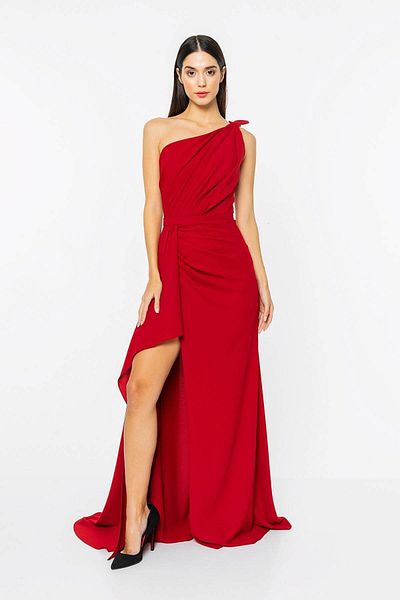 INVIDIA One Shoulder Draped Slit Detailed Dress