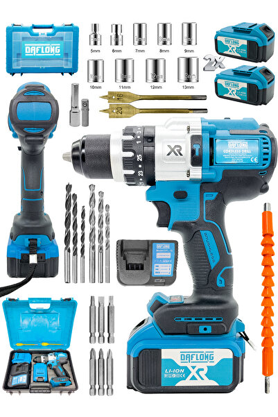 DAFLONG Brushless 21v 3000mah Çelik Şanzıman 10 Pilli Çift Akülü Darbeli Şarjlı Matkap Vidalama-mavı