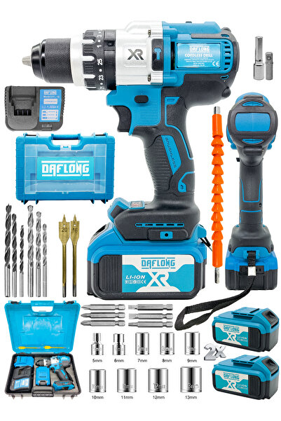 DAFLONG Brushless 21v 3000mah Çelik Şanzıman 10 Pilli Çift Akülü Darbeli Şarjlı Matkap Vidalama-mavı