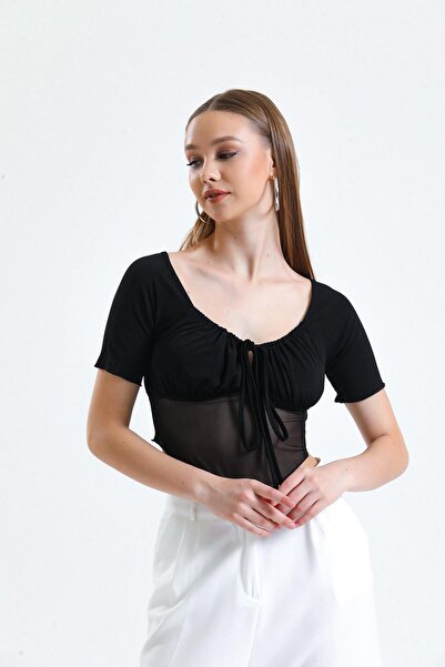 Miss Murem Lace-Up Skirt Tulle Sleeve Blouse-Black