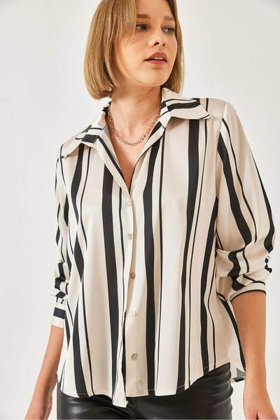 Bianco Lucci Kadın Çizgili Düğme Kapamalı Saten Gömlek 2011 60261333