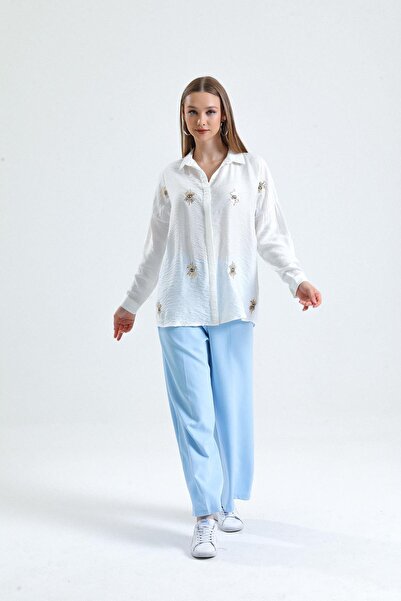 Miss Murem Ecru Sequin Eye Embroidered Shirt