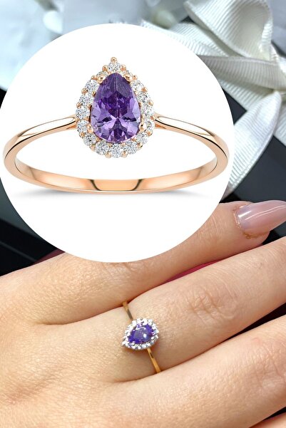 Hepimitu Damla Taşlı Mor Renkli Altın Yüzük