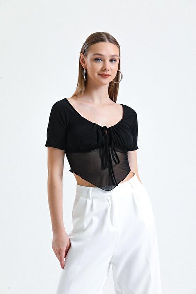 Miss Murem Lace-Up Skirt Tulle Sleeve Blouse-Black
