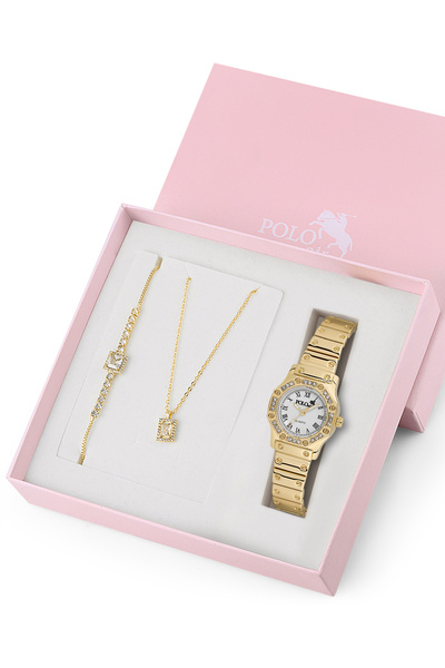 Polo Air Romen Rakamlı Kadın Kol Saati Zirkon Taşlı Kolye Ve Bileklik Özel Kombin Set Gold Renk ST-2152S1