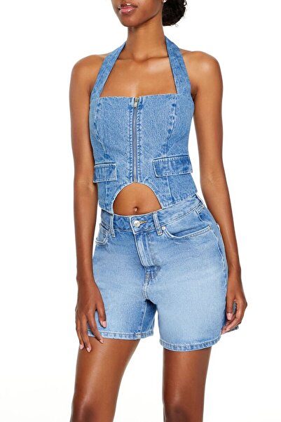 Forever 21 Kesik Detaylı Denim Halter Üst