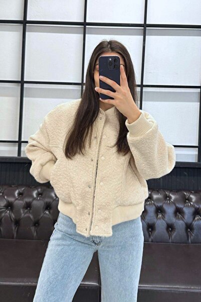FMN Collection kadın oversize kesim trend cepli keçe görünümlü kaşe bomber tr...