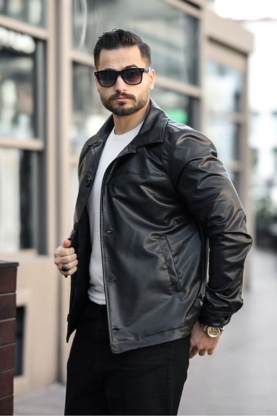 BASEL.CO Ανδρικό δερμάτινο μπουφάν New Season με κουμπιά ιταλικής κοπής