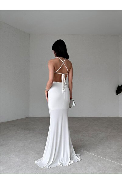 Mooi Butik Mario White Maxi Draped Dress - 6382