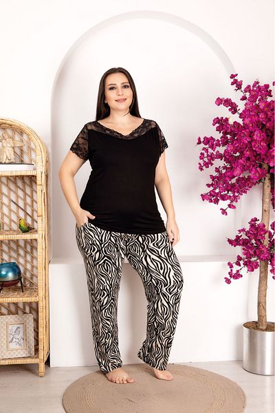 Lady Lingerie Short Sleeve Guipure Detail 93% Cotton 7% Lycra V-Neck Oversize Women's Pajamas Set