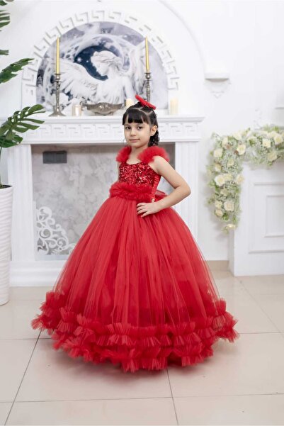 zde dikim evi Κόκκινο Τούλι Παιδικό βραδινό φόρεμα πριγκίπισσας για γάμο και ...