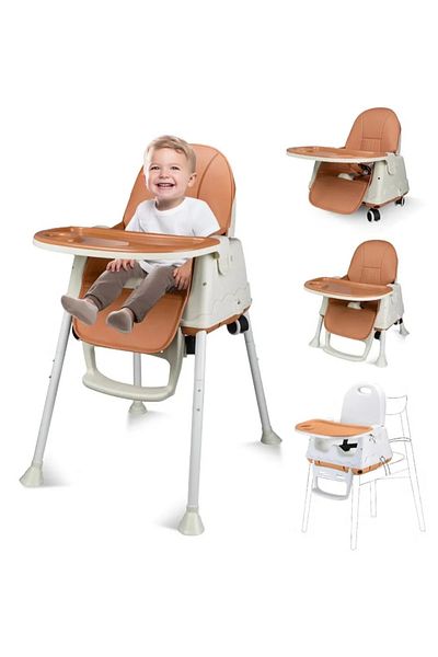 Lumely Baby High Chair,with Detachable Double Tray,Adjustable Convertible Baby Feeding Chair,Brown