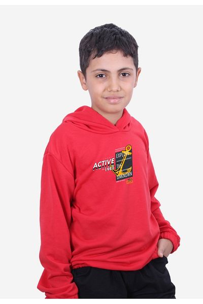 FYK KİDS Boy's Sweatshirt - Active Printed, Hooded and Elastic Waist Detail