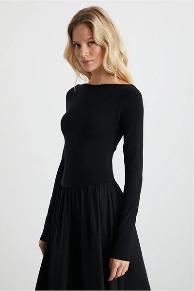 khar Pani γυναικεία φούστα Maxi Oversize Κομψό μαύρο φόρεμα υφαντό από ποπλίνα με φουσκωτό επάνω μέρος ελαστική βισκόζη ελαστάνη