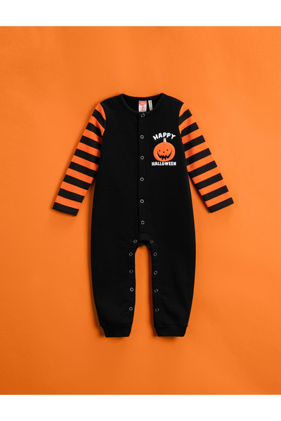 Koton Gestreifter Overall mit Kürbismuster und Druckknöpfen