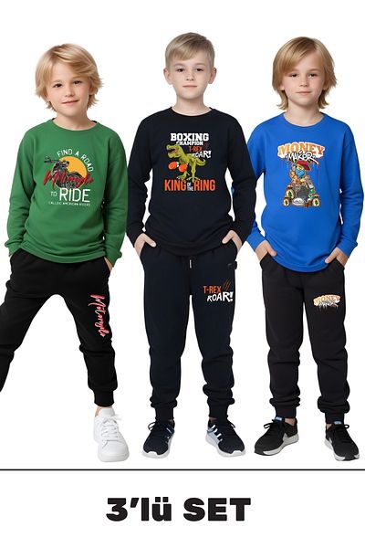 FYK KİDS Set de 3 pijamale imprimate cu gât rotund pentru băieți