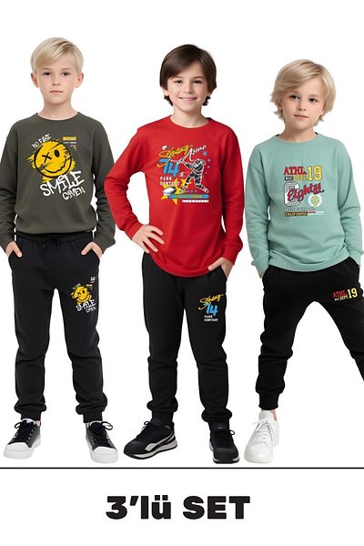 FYK KİDS 3-teiliges Pyjama-Set mit Rundkragen und Aufdruck für Jungen
