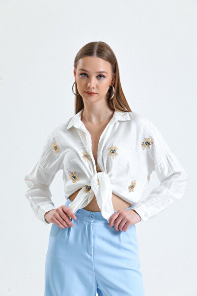 Miss Murem Ecru Sequin Eye Embroidered Shirt