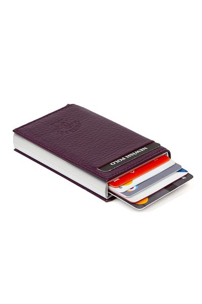 Newish Unisex Purple Genuine Leather Aluminum Mechanism Slide Card Holder Wallet (6.5X10CM)