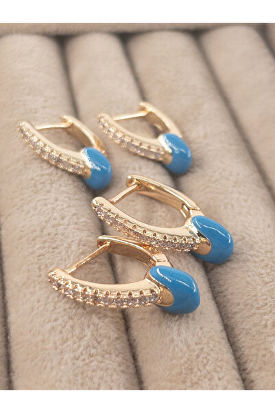 Siya Silver Zirkon Taşlı Mavi Uçlu V Model Çelik Küpe Seti- 2 Çift