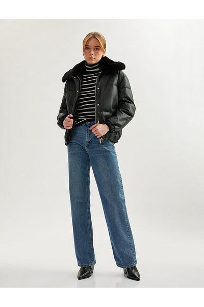Koton Faux Leather Puffer Jacket with Detachable Collar Faux Sheep Pockets