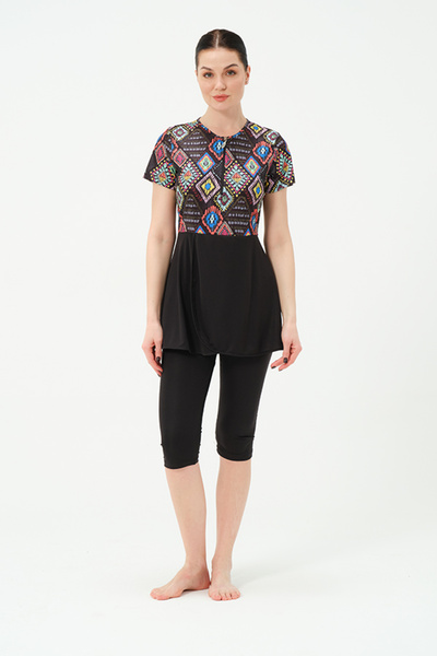 İKSUN Kadın Kısa Kollu Yarı Kapalı Tesettür Mayo Taytlı Boneli Takım