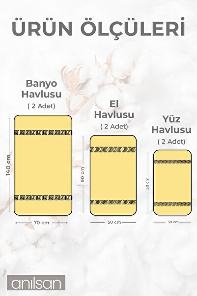 Anılsan Набір з 6 жовтих грецьких рушників - 2 рушники для рук 50x90, 2 рушники для обличчя 50x30, 2 рушники для ванної 70x140