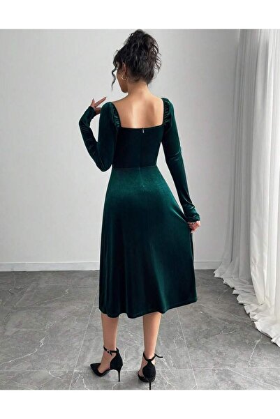 Styling Park Yeşil Yaka Detay Yırtmaçlı Uzun Kol Kadife Midi Elbise