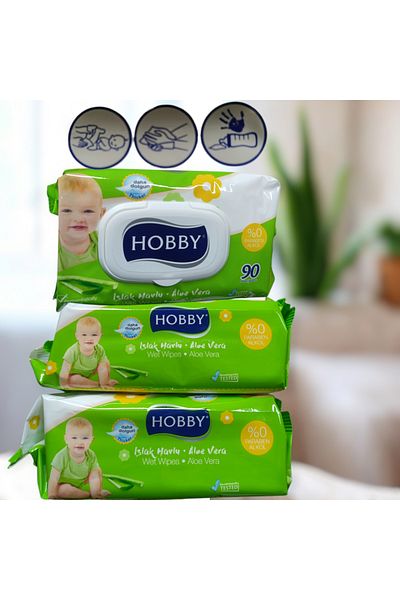 Hobby Aloe Vera Wet Towel 90 Sheets, (3 Pcs X 90 Ypr = 270 Sheets)