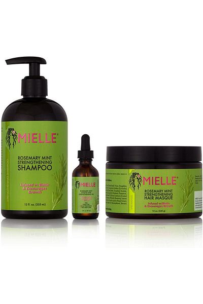 mielle organics Rosemary Mint Strengthening Shampoo, Hair Masque, and Scalp & Hair Strengthening Oil