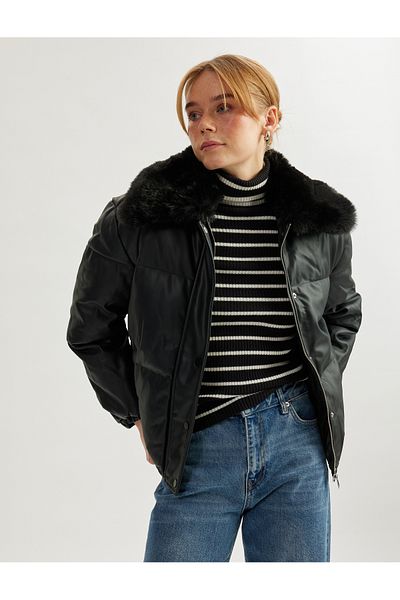 Koton Faux Leather Puffer Jacket with Detachable Collar Faux Sheep Pockets