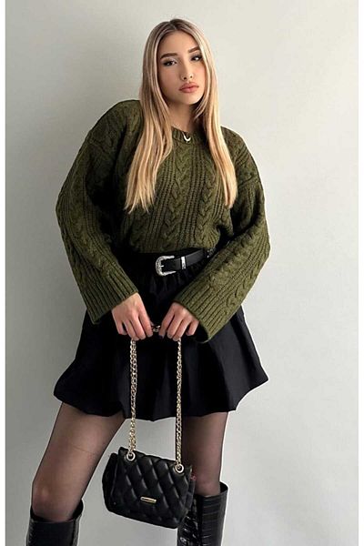 yeditepe fashion Khaki Color Oversize Knitwear Sweater - Crew Neck