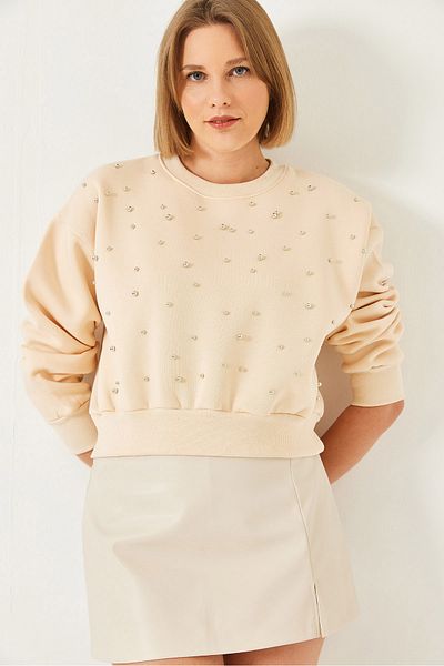 Bianco Lucci Γυναικείο φούτερ Crew Neck Pearl Snap - Τρεις κλωστές ράστερ 60601041
