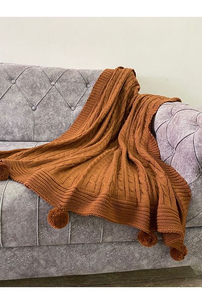 ART ÇEYİZ Pompom Knitted Knitted Tv Blanket (Sofa Shawl)