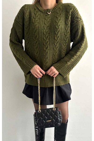yeditepe fashion Khaki Color Oversize Knitwear Sweater - Crew Neck