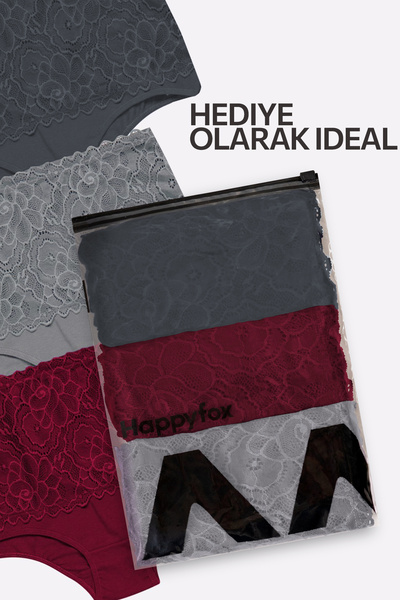 Happy Fox Set de chiloți de damă din bumbac de lux cu talie înaltă - 3 piese Gri-burgundy-gri deschis